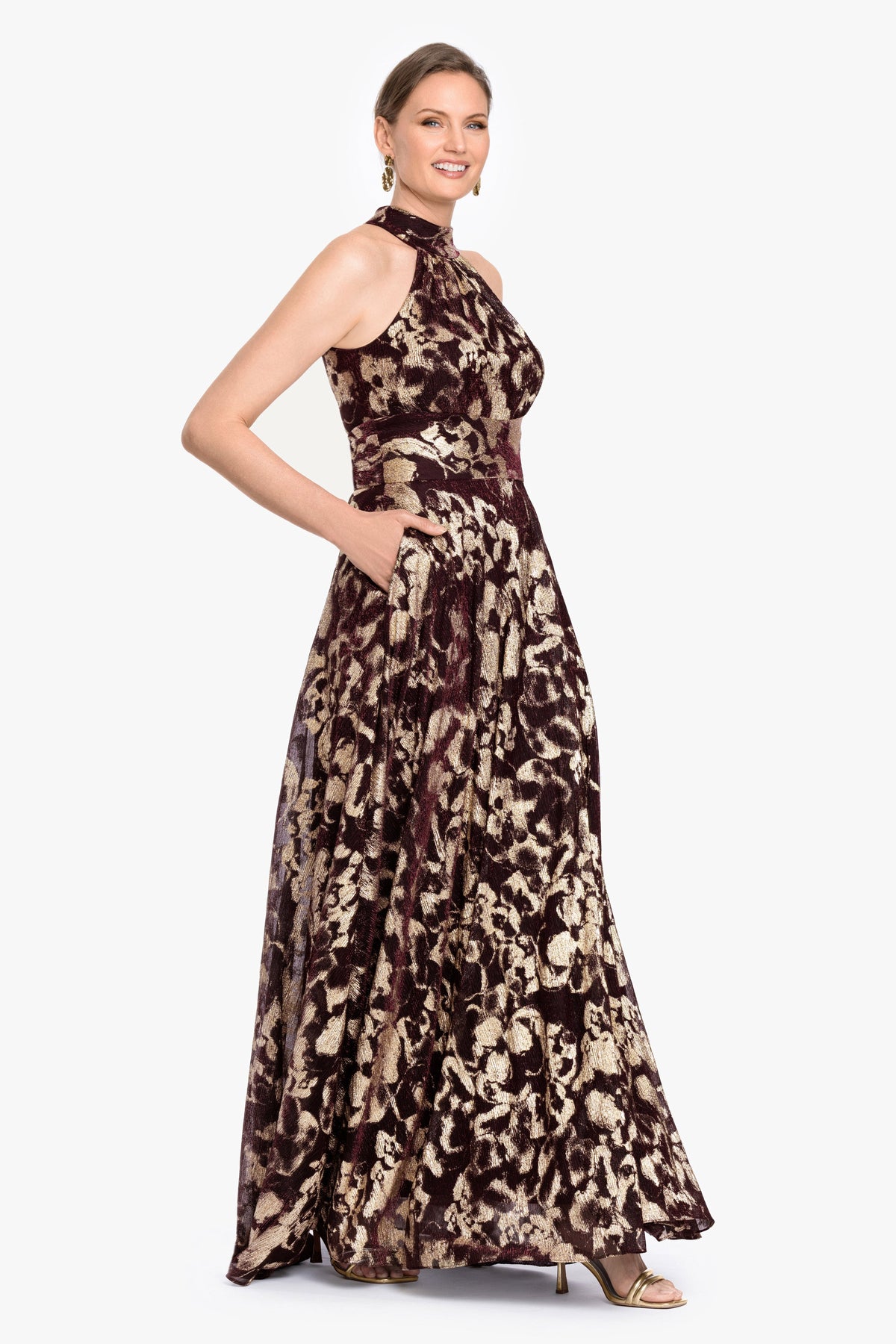 Betsy & Adam "Alara" Metallic Halter Neck Dress - Wine/Gold