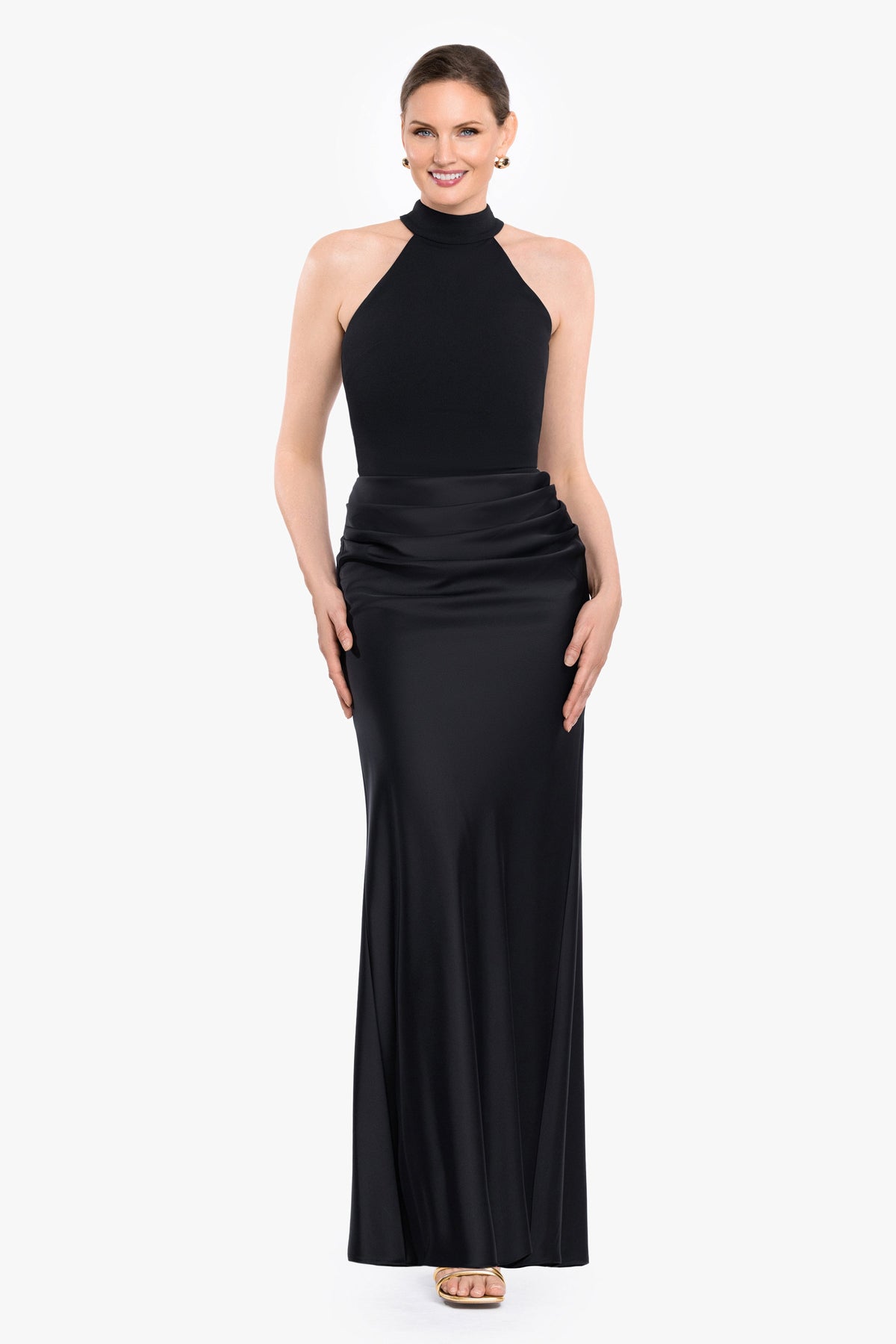 Betsy & Adam "Jamie" Double Face Satin Mock Neck Dress - Black