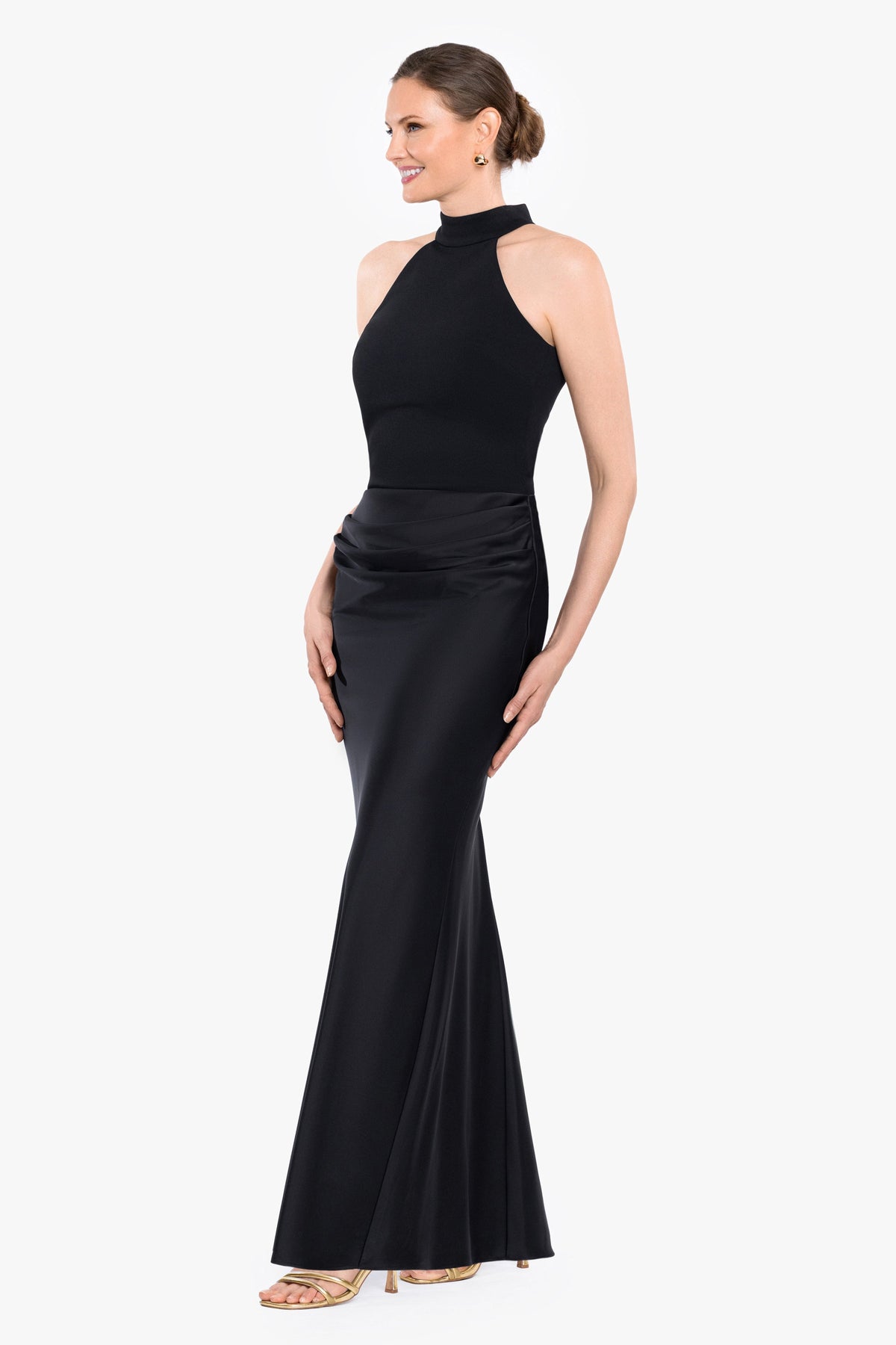 Betsy & Adam "Jamie" Double Face Satin Mock Neck Dress - Black