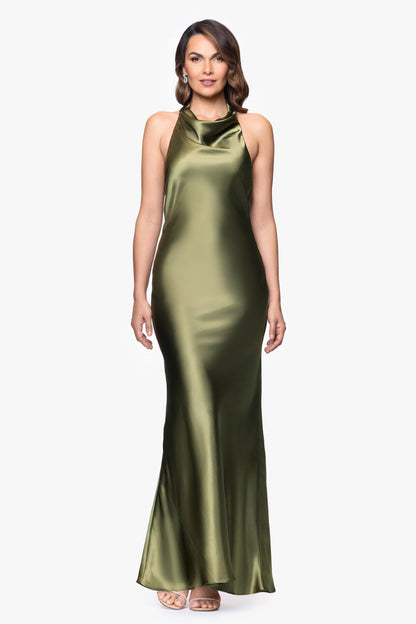 Betsy & Adam "Shannon" Satin Halter Necktie Dress - Olive