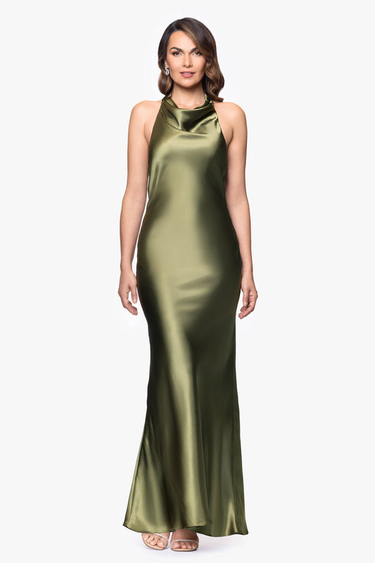 Betsy & Adam "Shannon" Satin Halter Necktie Dress - Olive