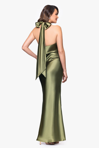 Betsy & Adam "Shannon" Satin Halter Necktie Dress - Olive