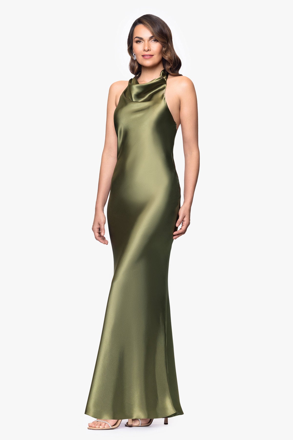 Betsy & Adam "Shannon" Satin Halter Necktie Dress - Olive