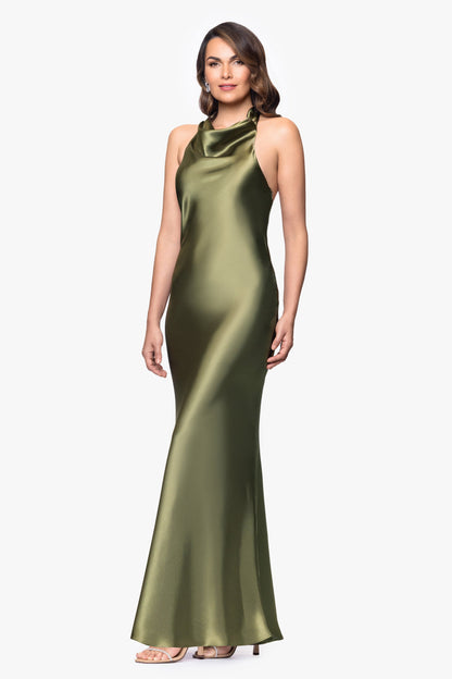 Betsy & Adam "Shannon" Satin Halter Necktie Dress - Olive