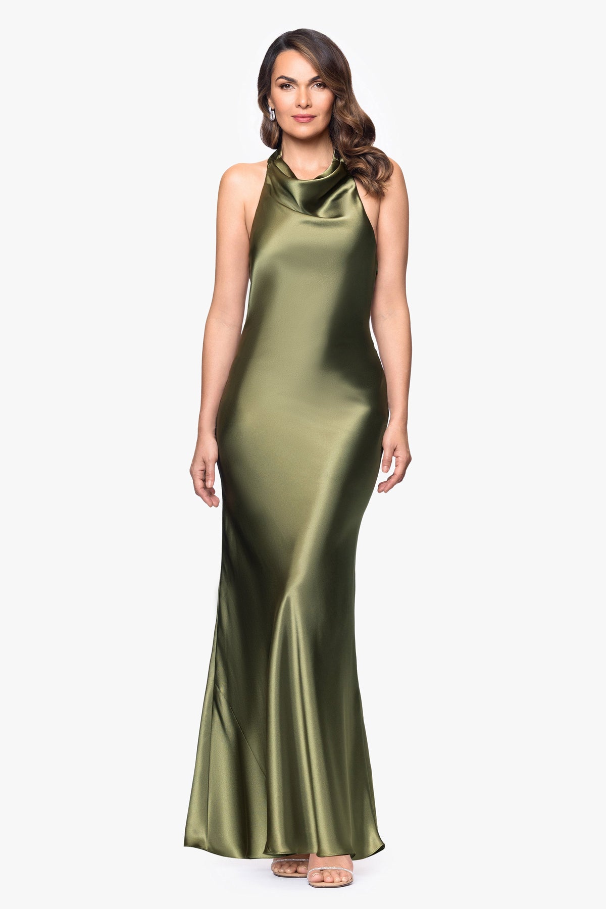 Betsy & Adam "Shannon" Satin Halter Necktie Dress - Olive