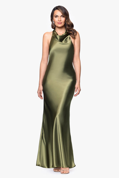 Betsy & Adam "Shannon" Satin Halter Necktie Dress - Olive