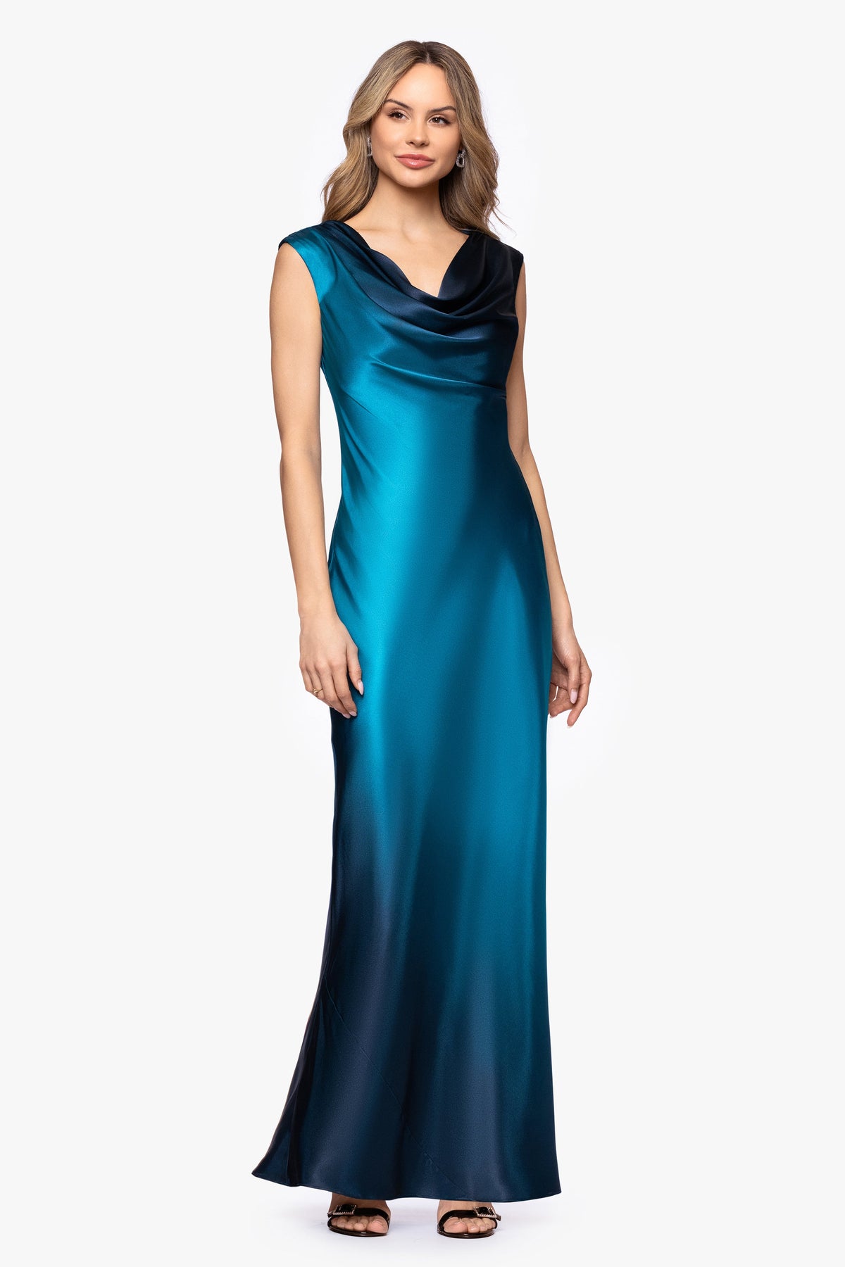 Betsy & Adam "Annika" Ombre Satin Drape Neck Dress - Navy/Teal