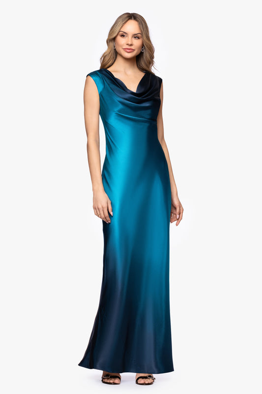 Betsy & Adam "Annika" Ombre Satin Drape Neck Dress - Navy/Teal