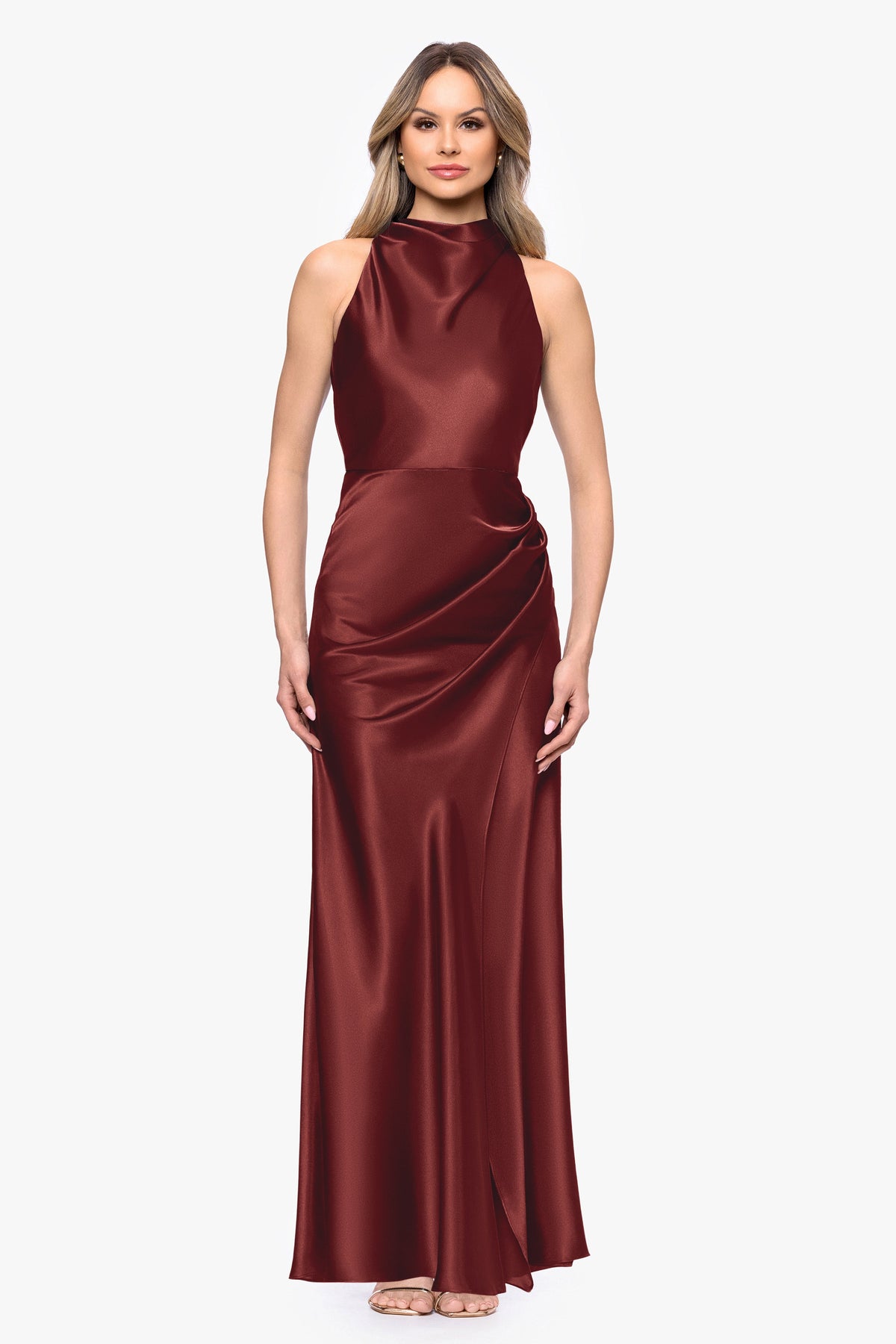 Betsy & Adam "Tatum" Satin Cowl Mock Neck Dress - Nutmeg