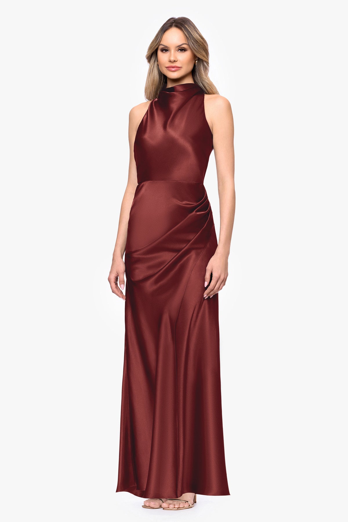 Betsy & Adam "Tatum" Satin Cowl Mock Neck Dress - Nutmeg
