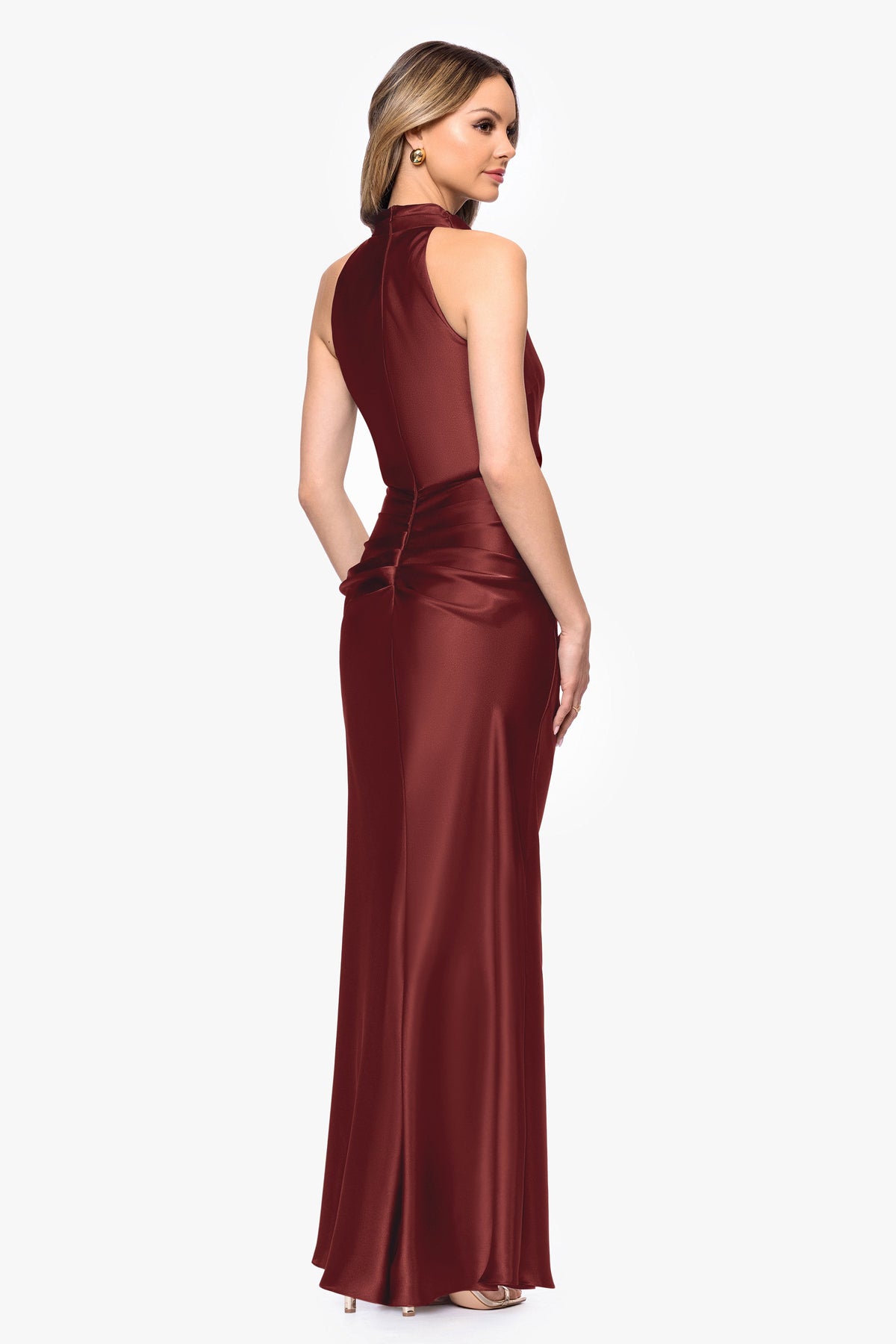 Betsy & Adam "Tatum" Satin Cowl Mock Neck Dress - Nutmeg