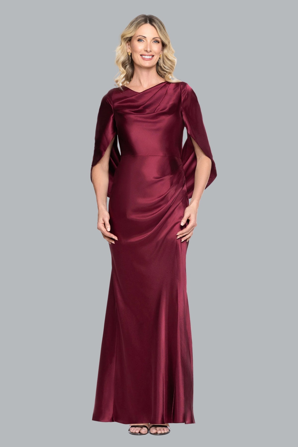 Betsy & Adam "Cece" Satin Droop Back Dress - Burgundy