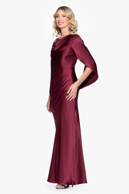 Betsy & Adam "Cece" Satin Droop Back Dress - Burgundy