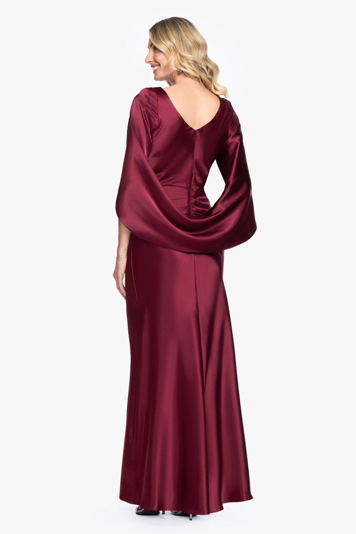 Betsy & Adam "Cece" Satin Droop Back Dress - Burgundy