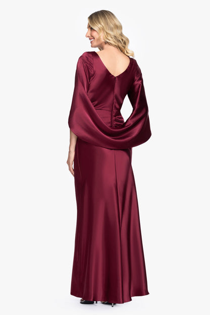 Betsy & Adam "Cece" Satin Droop Back Dress - Burgundy
