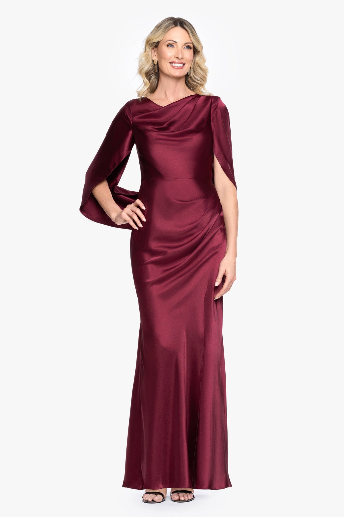 Betsy & Adam "Cece" Satin Droop Back Dress - Burgundy