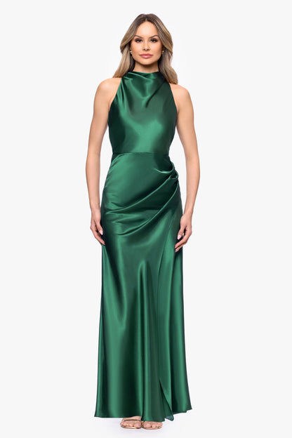 Betsy & Adam "Tatum" Satin Cowl Mock Neck Dress - Hunter