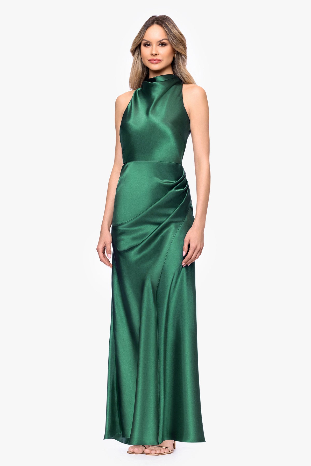 Betsy & Adam "Tatum" Satin Cowl Mock Neck Dress - Hunter