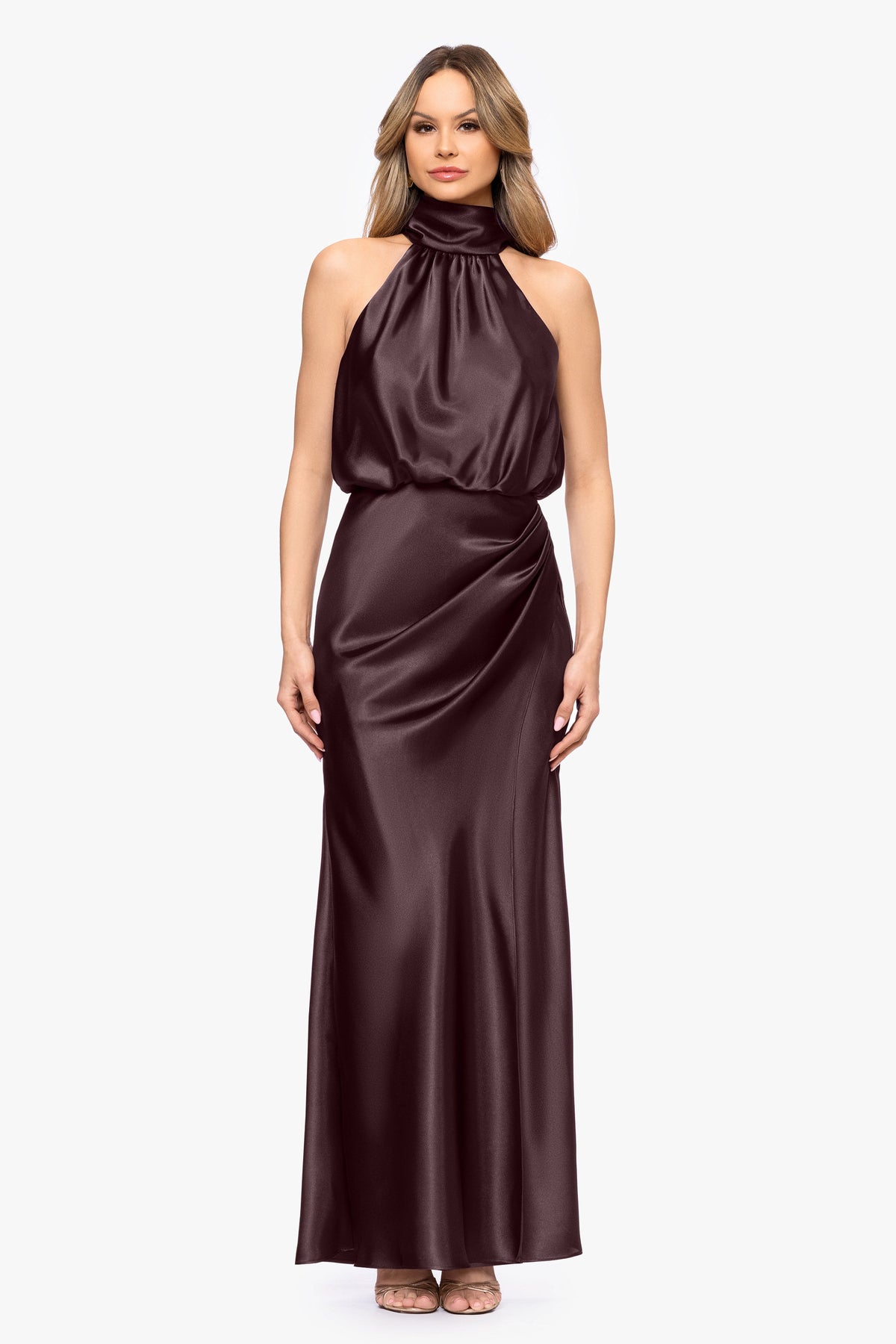 Betsy & Adam "Tara" Satin Tie Neck Dress - Chocolate