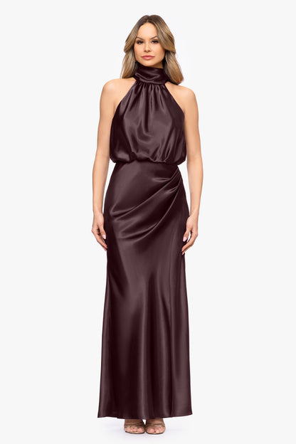 Betsy & Adam "Tara" Satin Tie Neck Dress - Chocolate