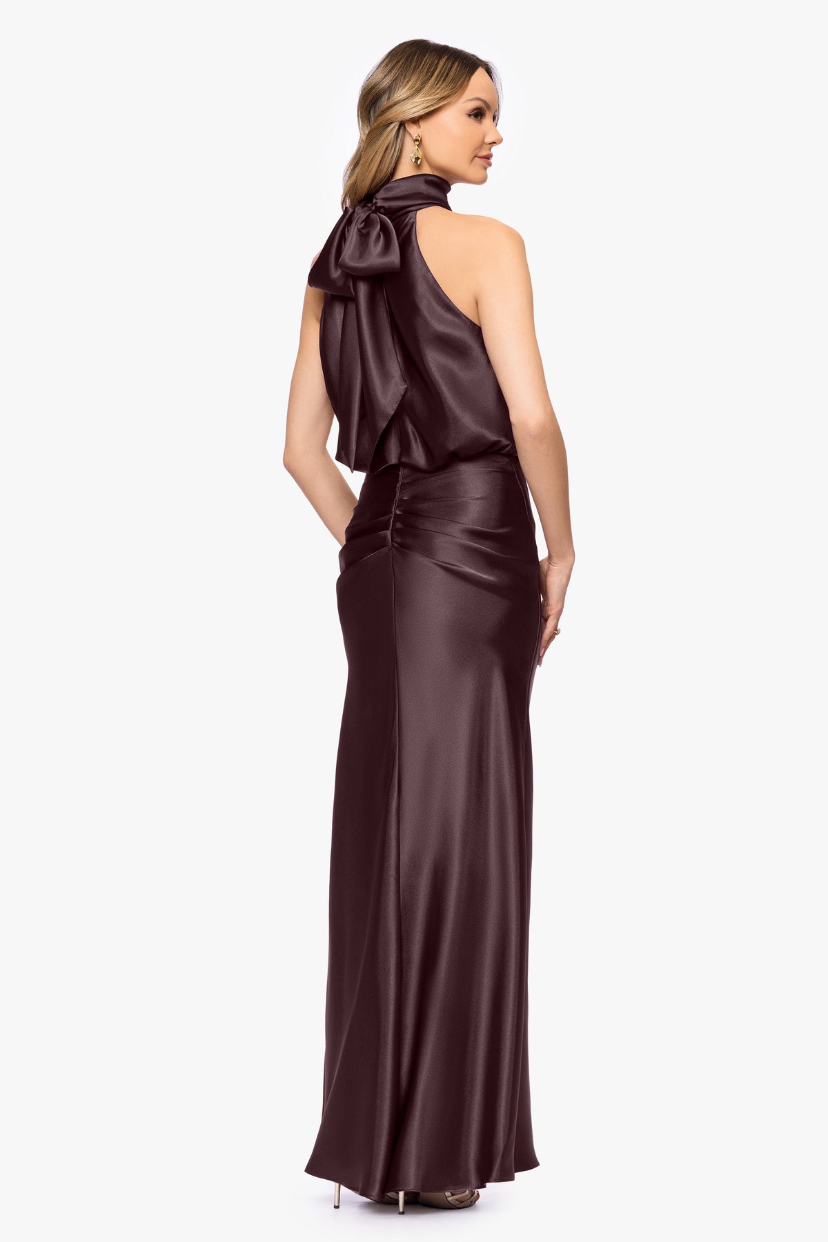 Betsy & Adam "Tara" Satin Tie Neck Dress - Chocolate