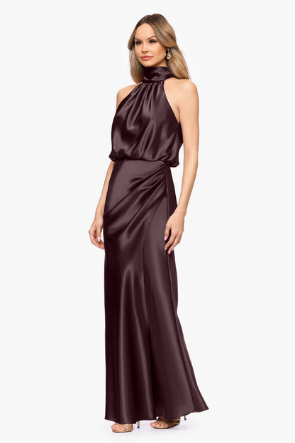 Betsy & Adam "Tara" Satin Tie Neck Dress - Chocolate