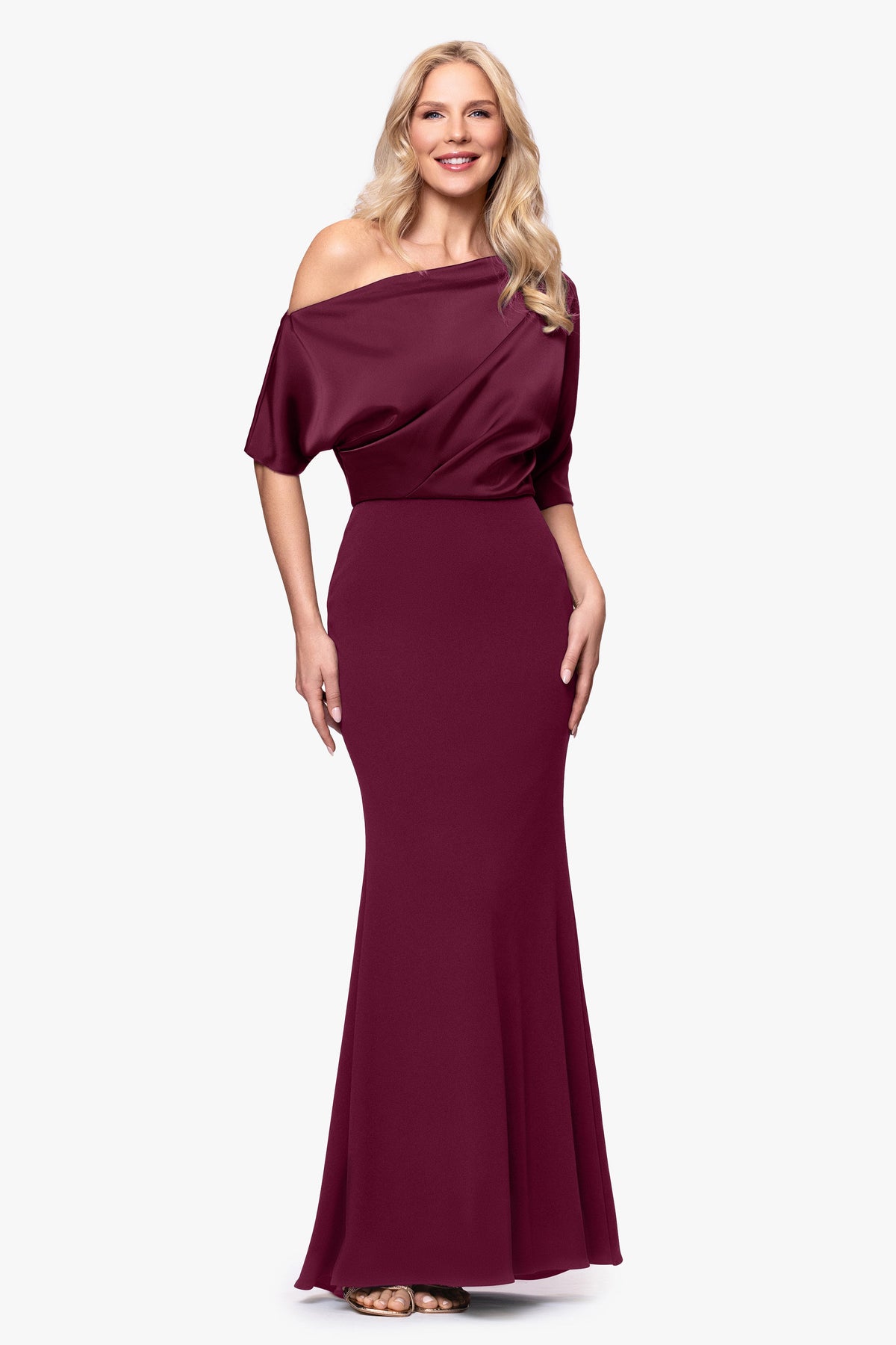 Betsy & Adam "Ana" Scuba Crepe & Satin Drop Shoulder Dress - Wine
