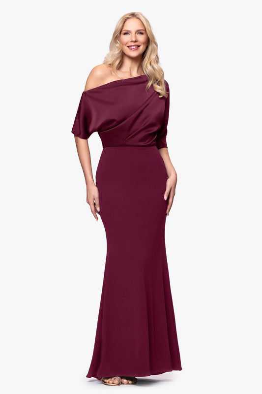 Betsy & Adam "Ana" Scuba Crepe & Satin Drop Shoulder Dress - Wine