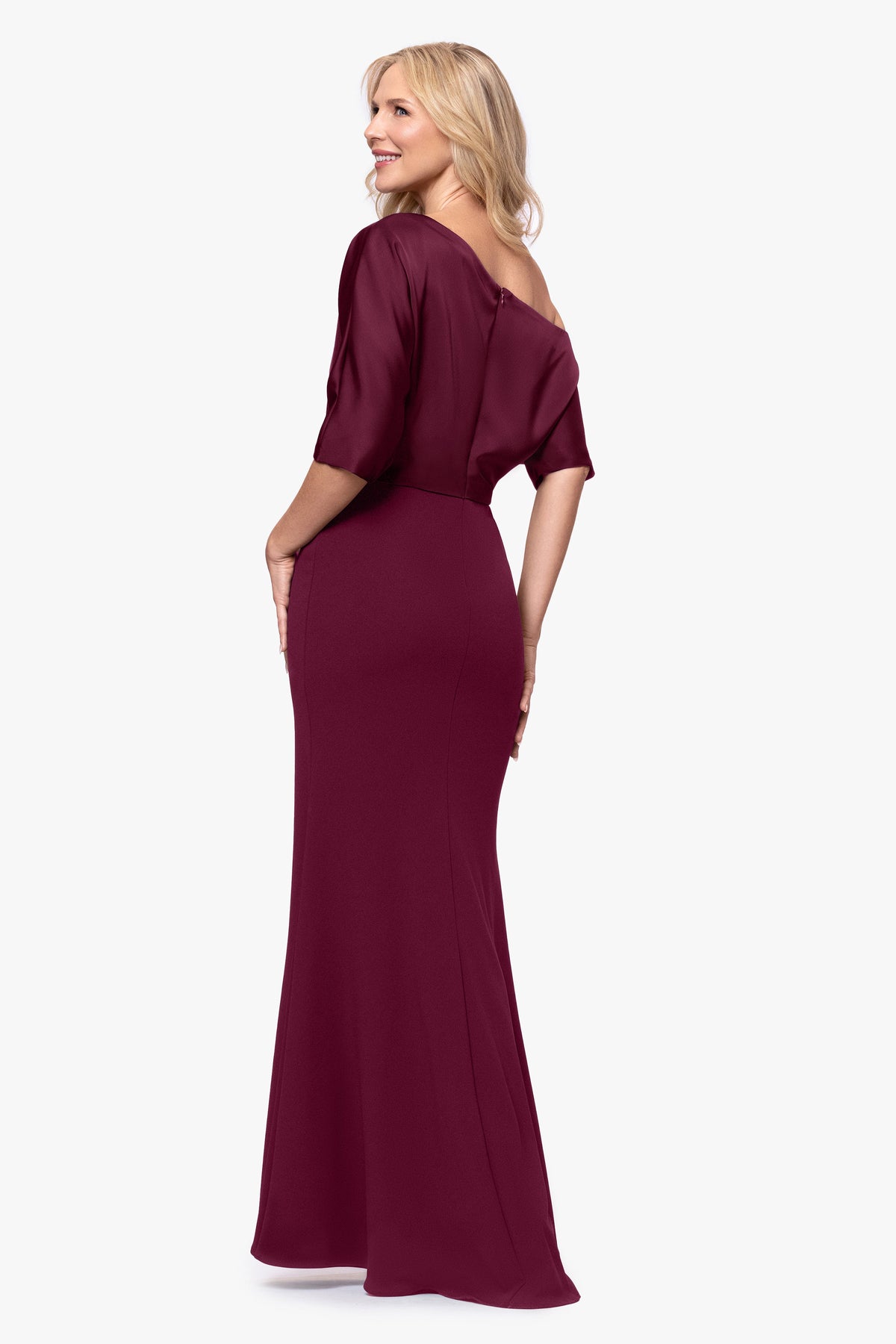 Betsy & Adam "Ana" Scuba Crepe & Satin Drop Shoulder Dress - Wine