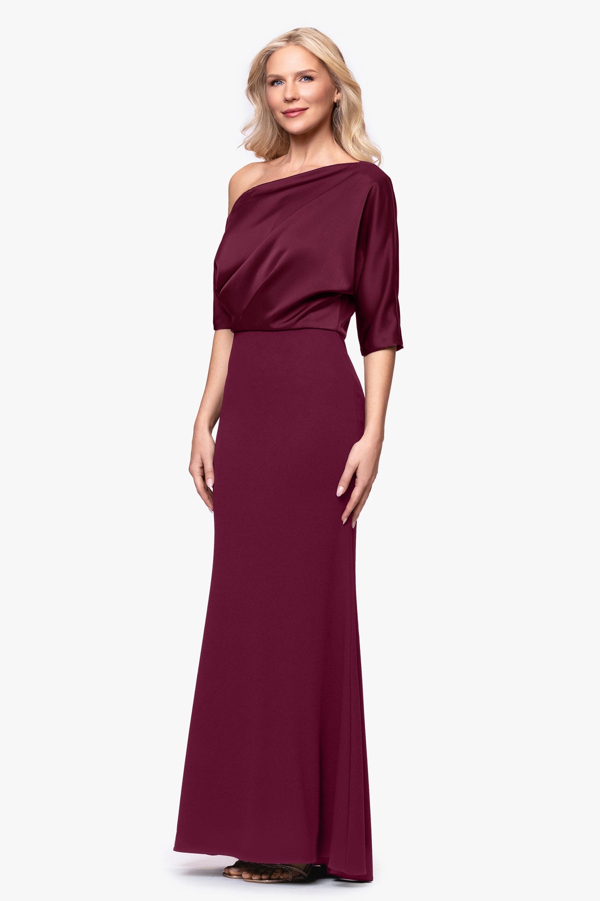 Betsy & Adam "Ana" Scuba Crepe & Satin Drop Shoulder Dress - Wine