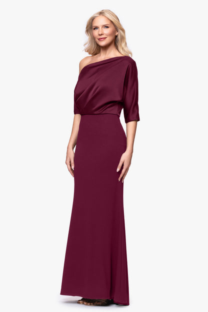 Betsy & Adam "Ana" Scuba Crepe & Satin Drop Shoulder Dress - Wine
