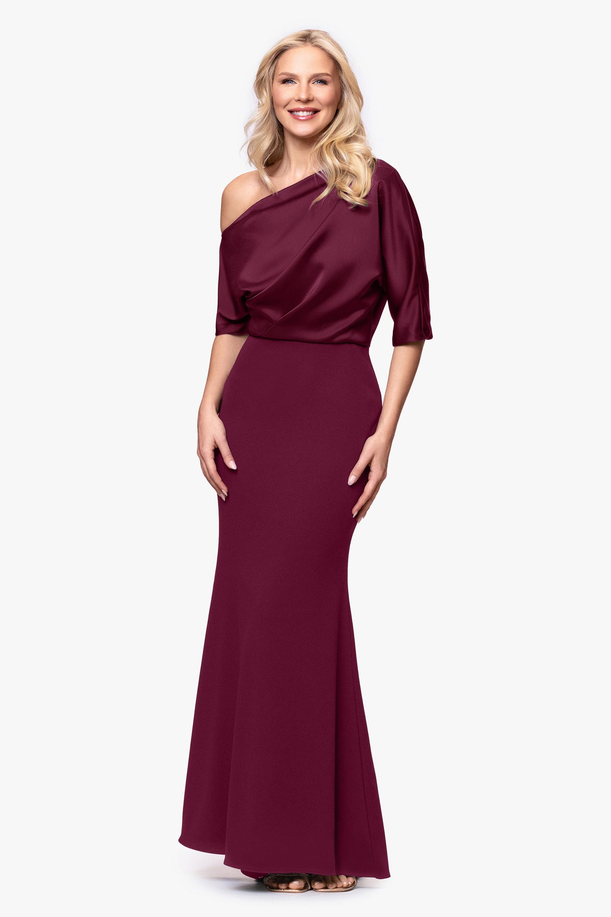 Betsy & Adam "Ana" Scuba Crepe & Satin Drop Shoulder Dress - Wine