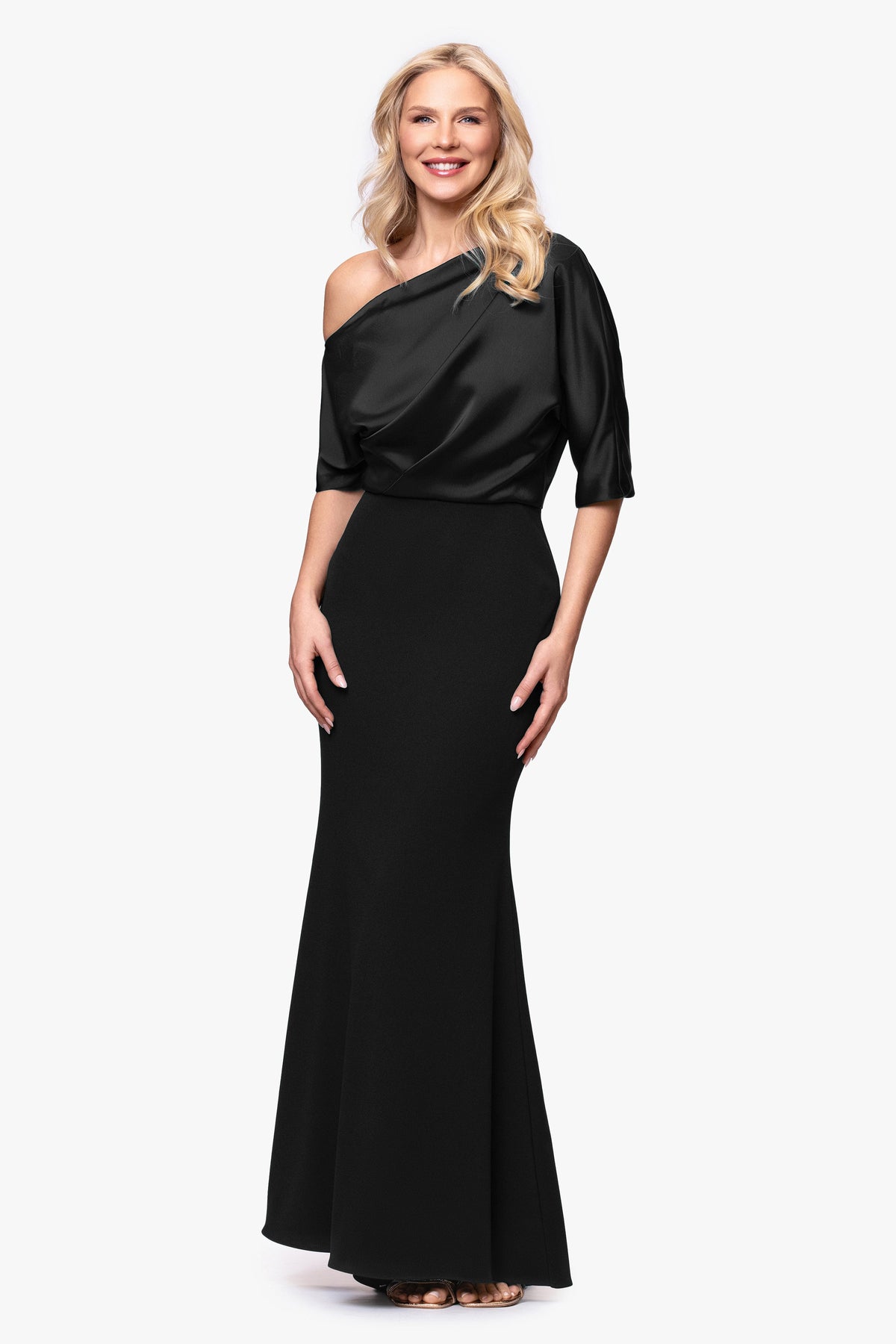 Betsy & Adam "Ana" Scuba Crepe & Satin Drop Shoulder Dress - Wine