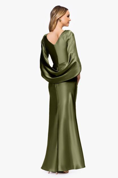 Betsy & Adam "Cece" Satin Droop Back Dress - Olive