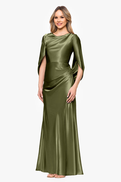 Betsy & Adam "Cece" Satin Droop Back Dress - Olive