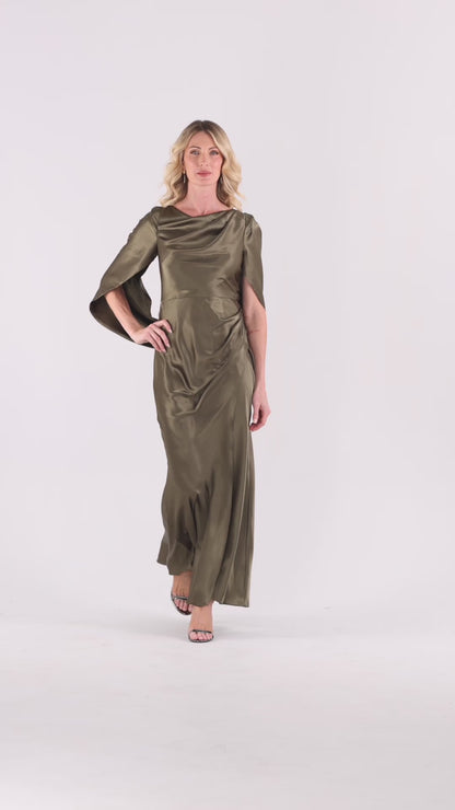 Betsy & Adam "Cece" Satin Droop Back Dress - Olive