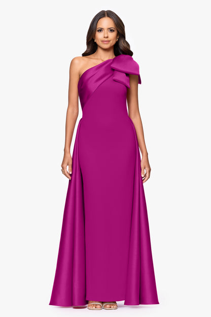 Betsy & Adam "Rosalie" Scuba Crepe One Shoulder Bow Embellished Gown - Orchid
