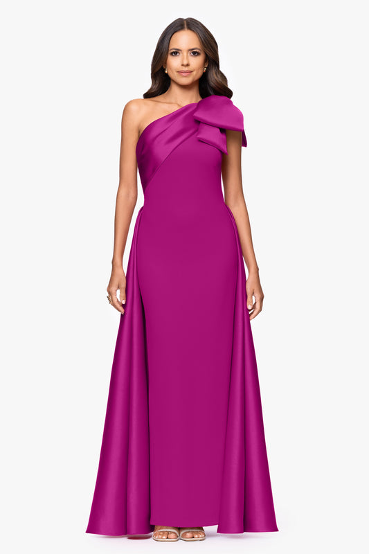 Betsy & Adam "Rosalie" Scuba Crepe One Shoulder Bow Embellished Gown - Orchid