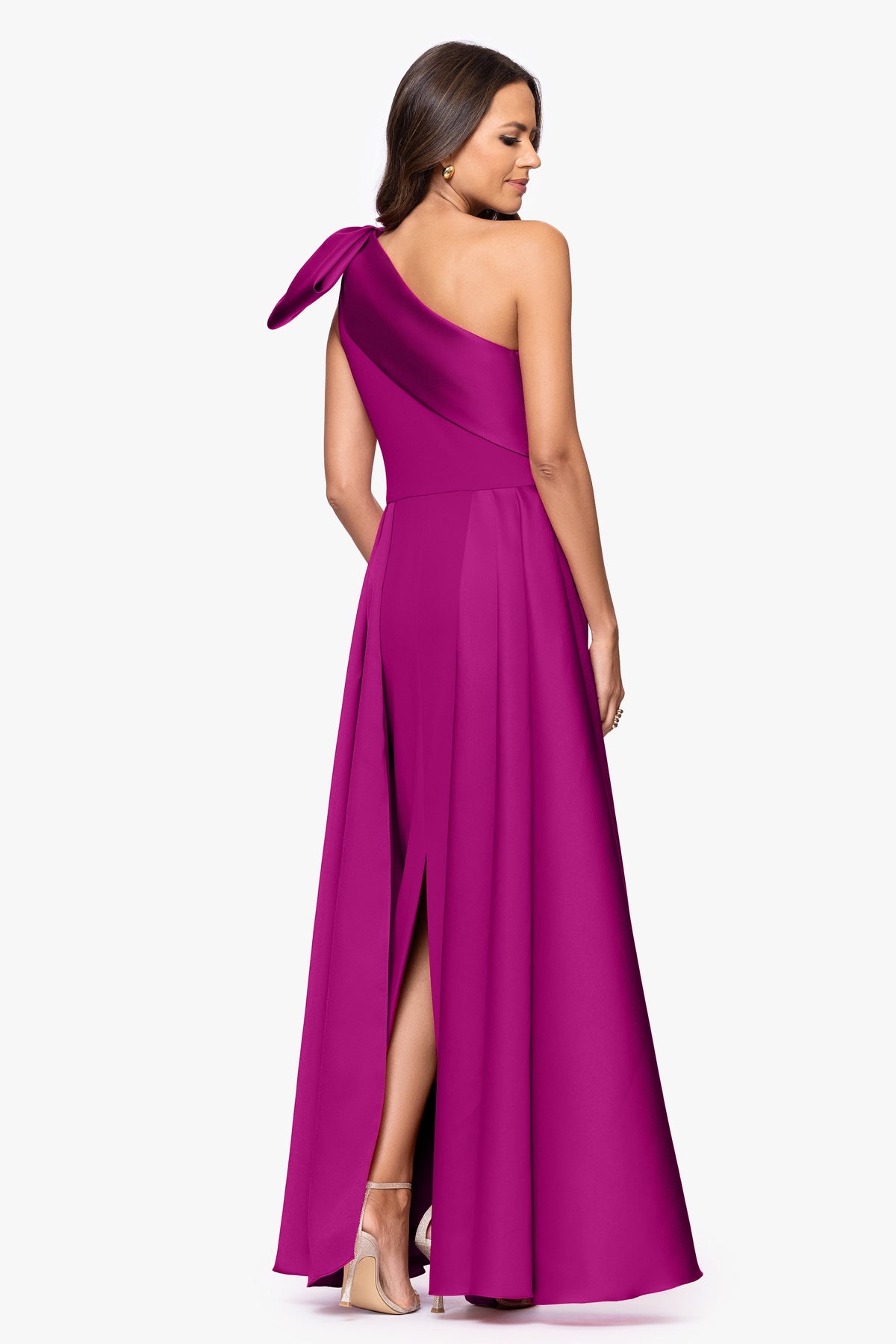 Betsy & Adam "Rosalie" Scuba Crepe One Shoulder Bow Embellished Gown - Orchid