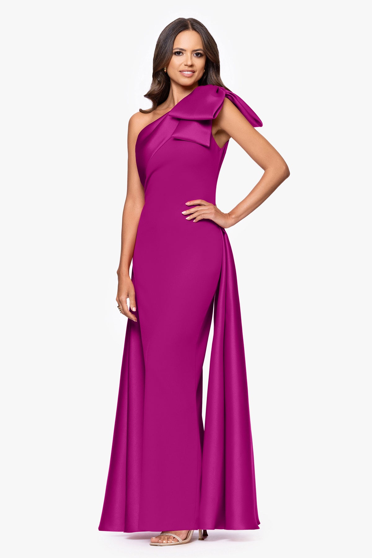 Betsy & Adam "Rosalie" Scuba Crepe One Shoulder Bow Embellished Gown - Orchid