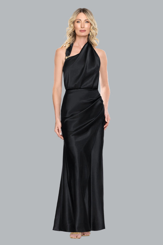 Betsy & Adam "Willow" Satin Halter Asymmetrical Dress - Black