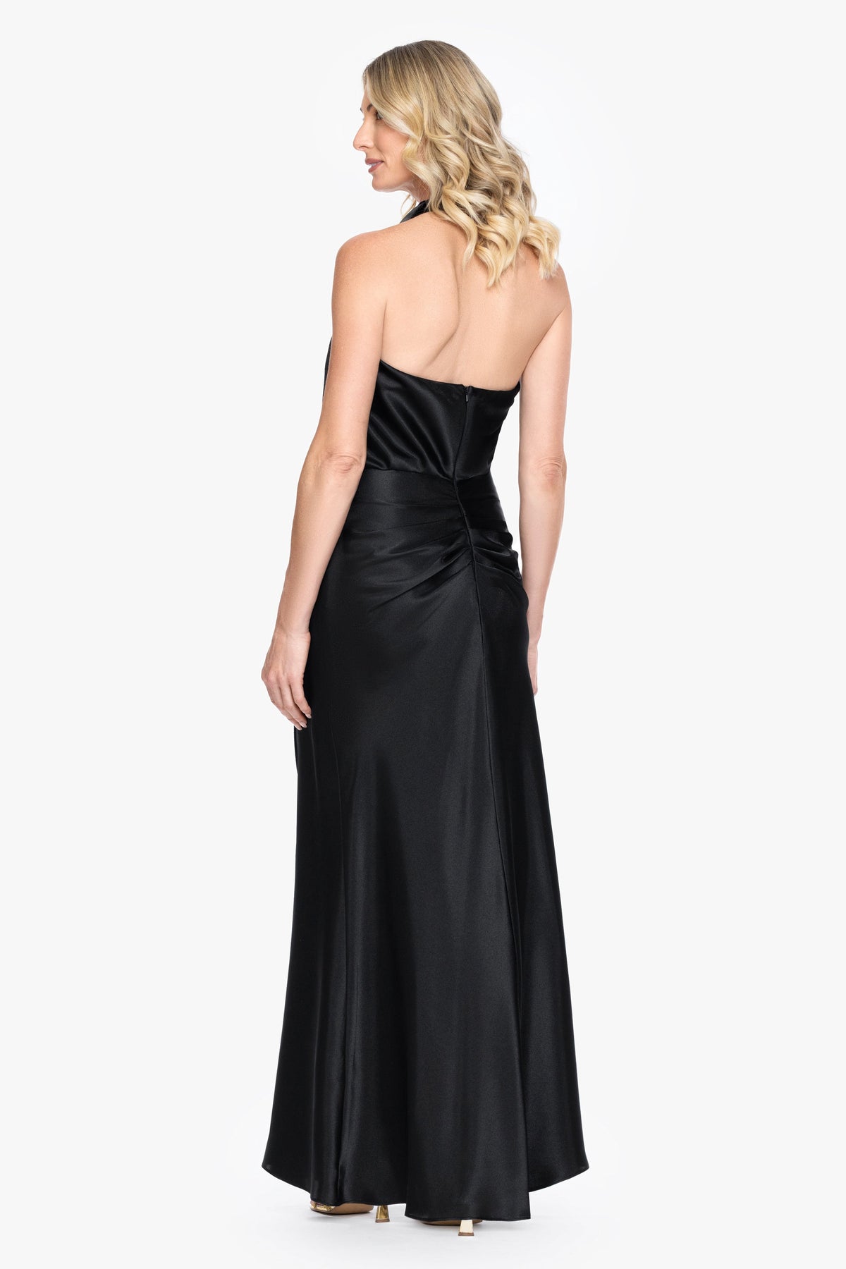 Betsy & Adam "Willow" Satin Halter Asymmetrical Dress - Black