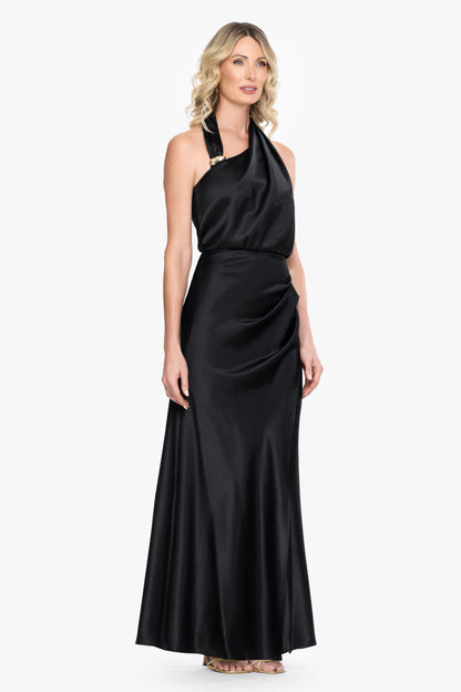 Betsy & Adam "Willow" Satin Halter Asymmetrical Dress - Black
