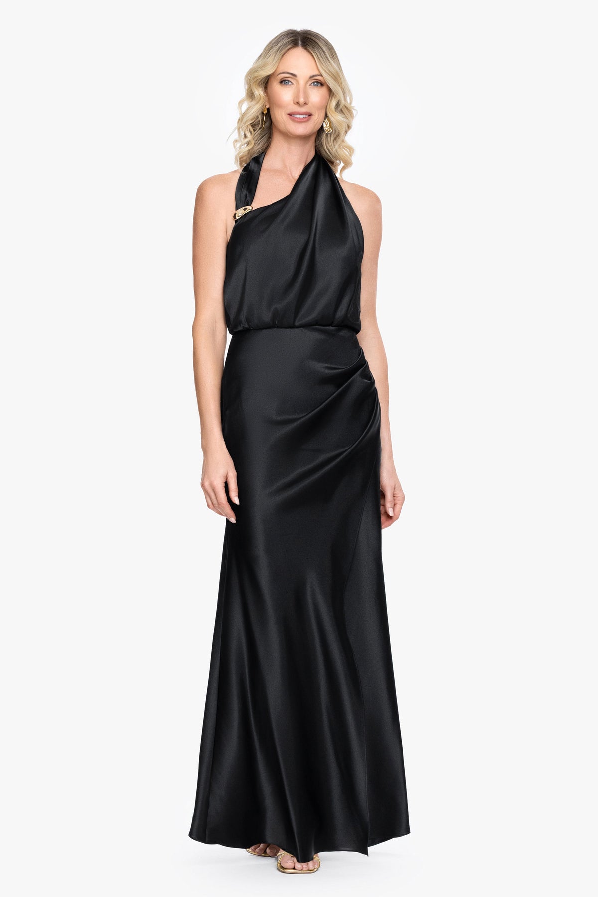 Betsy & Adam "Willow" Satin Halter Asymmetrical Dress - Black