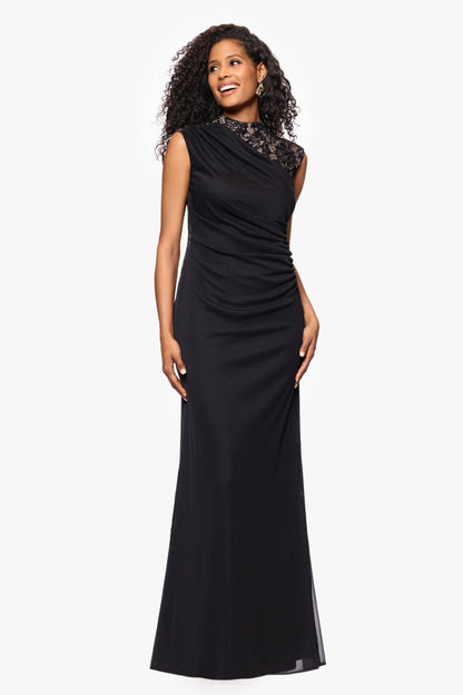 Betsy & Adam Petite “Dayna” Sheer Matte Jersey Knit Lace Neck Ruched Dress - Black/Nude