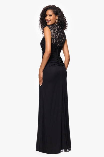 Betsy & Adam Petite “Dayna” Sheer Matte Jersey Knit Lace Neck Ruched Dress - Black/Nude