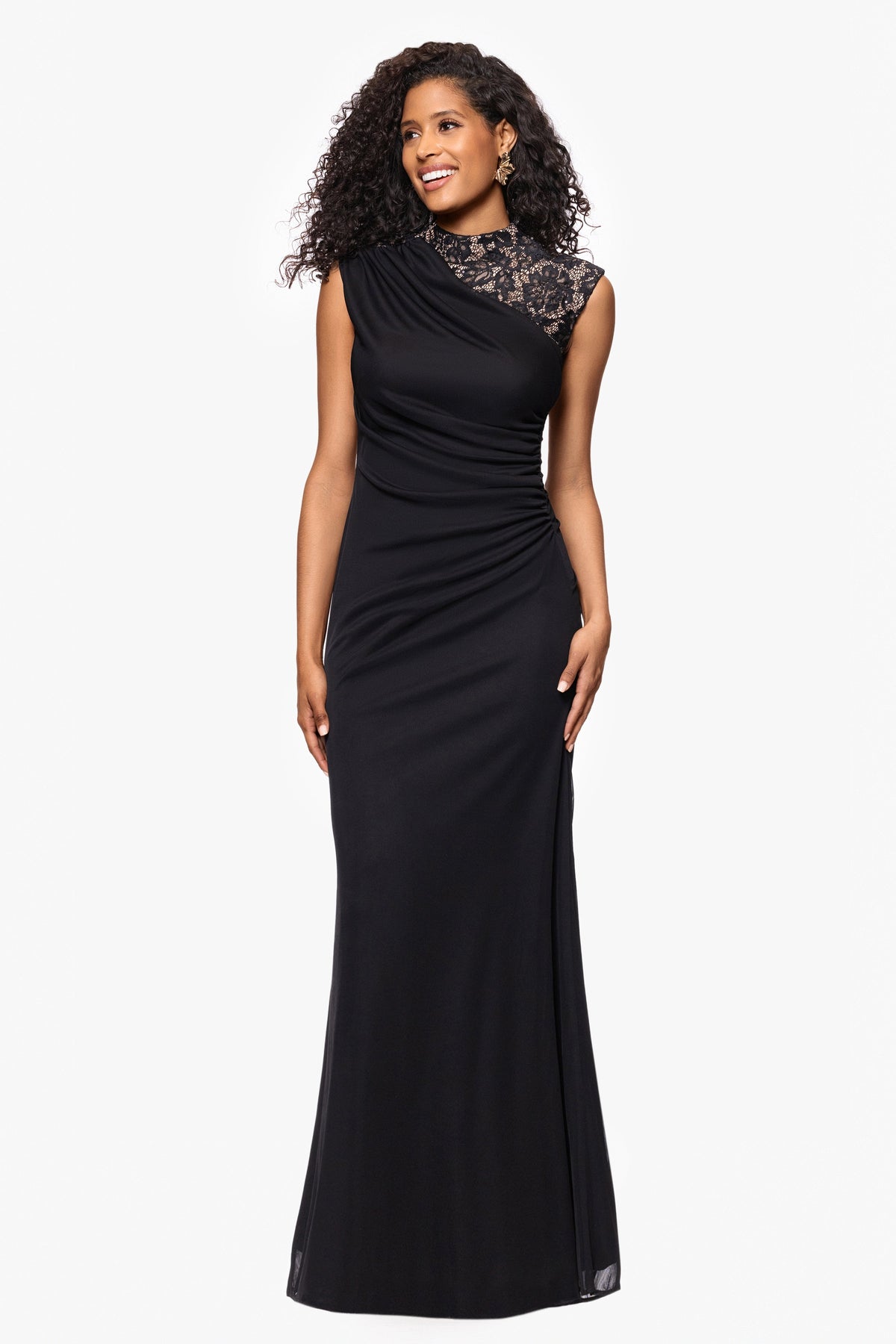 Betsy & Adam Petite “Dayna” Sheer Matte Jersey Knit Lace Neck Ruched Dress - Black/Nude