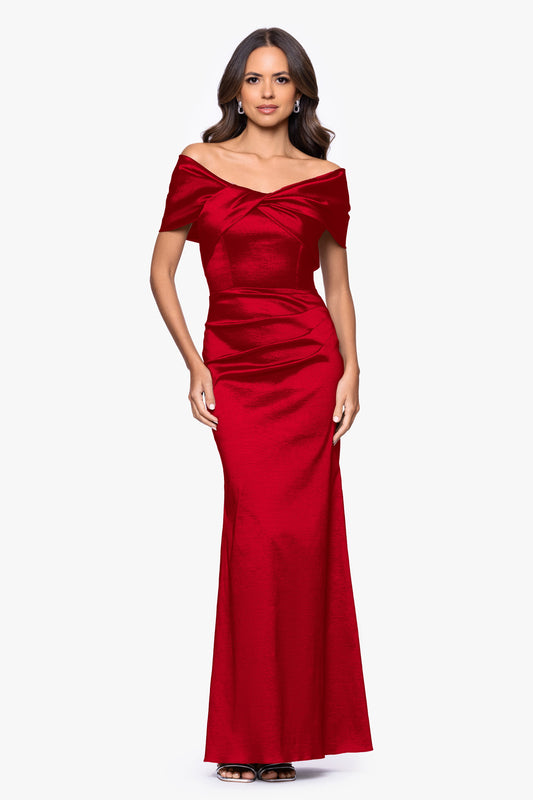 Betsy & Adam "Gia" Taffeta Twist Off the Shoulder Dress - Red