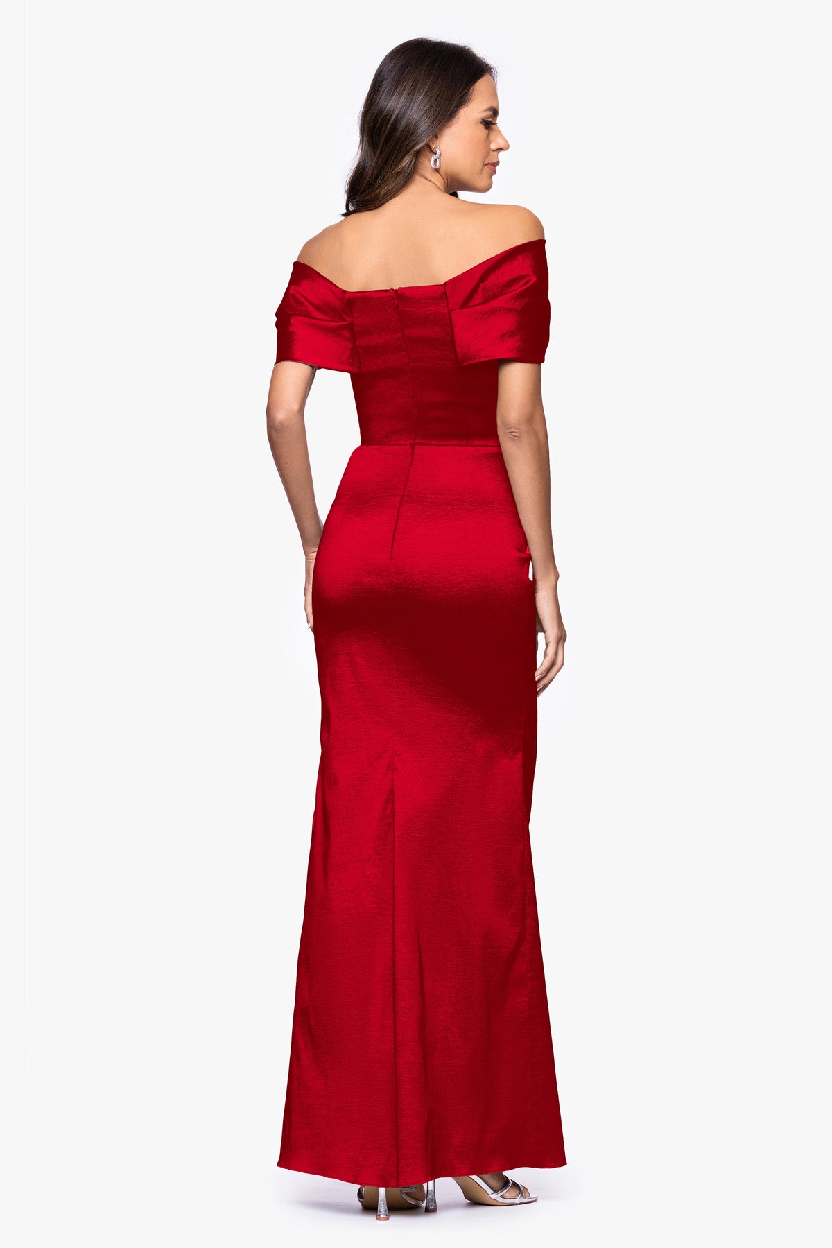 Betsy & Adam "Gia" Taffeta Twist Off the Shoulder Dress - Red