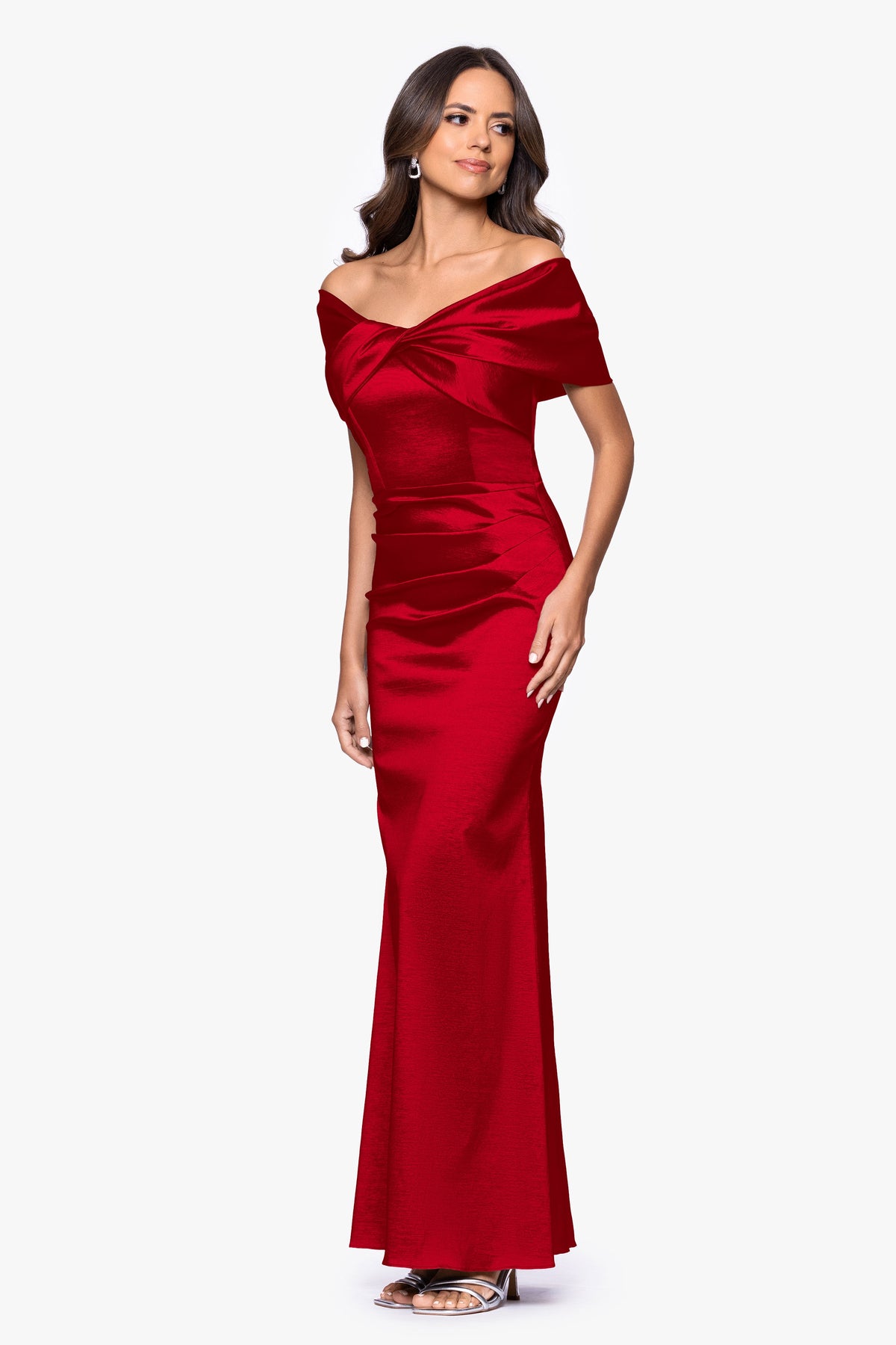 Betsy & Adam "Gia" Taffeta Twist Off the Shoulder Dress - Red